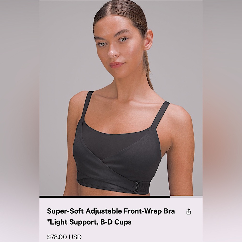 Lululemon unique and supportive “Super-soft Adjustable Front-Wrap Bra” sz M, blk